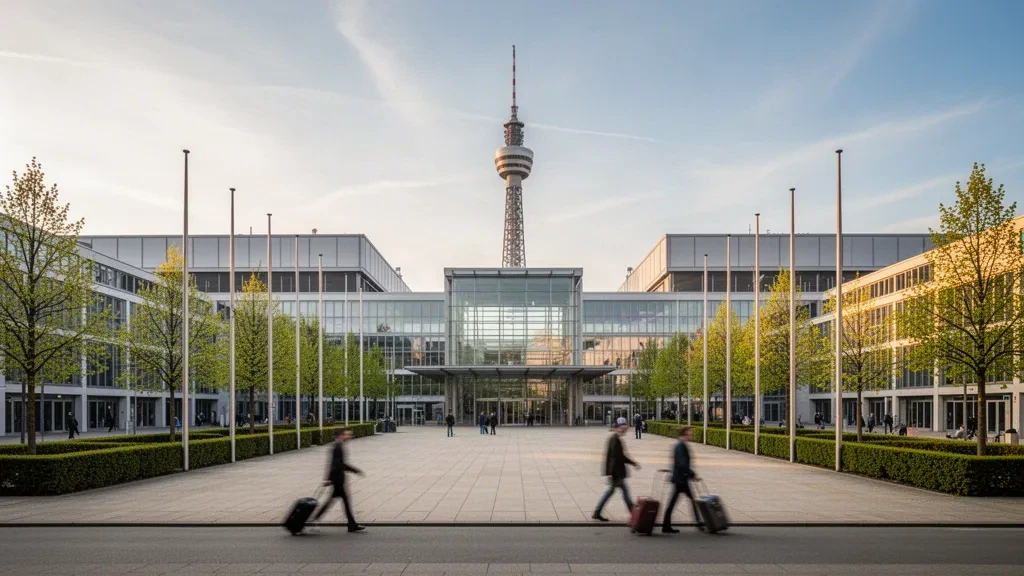 Vue extérieure des halls d'exposition de Messe Berlin et de la tour Funkturm pendant le salon du voyage ITB Berlin 2027 en Allemagne