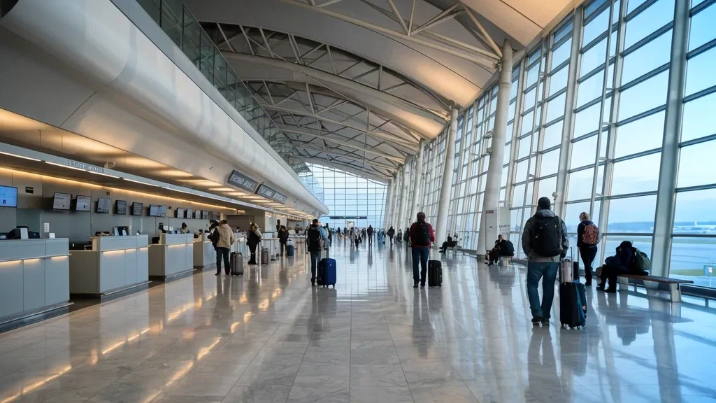 Helle, moderne Abflughalle im Inneren des Flughafens Katowice KTW mit Reisenden und Check-in-Schaltern