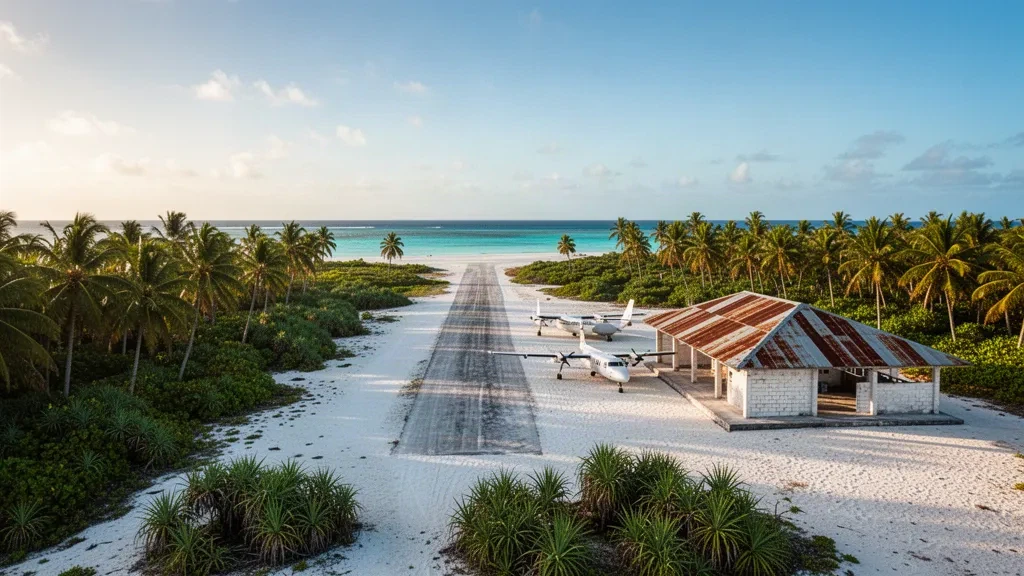 Coral runway and palm-lined apron at Kuria Airport in Kiribati, with a small island terminal beside a turquoise lagoon in golden light.