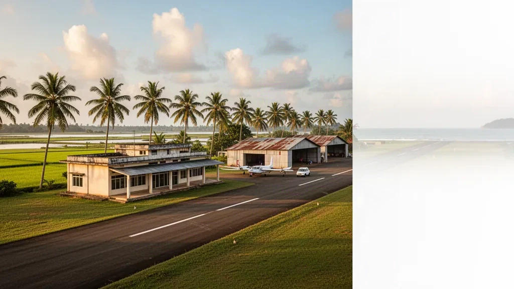 Palm-lined runway and low-rise terminal buildings at Katukurunda Airfield in Kalutara, Sri Lanka, under warm golden-hour light.