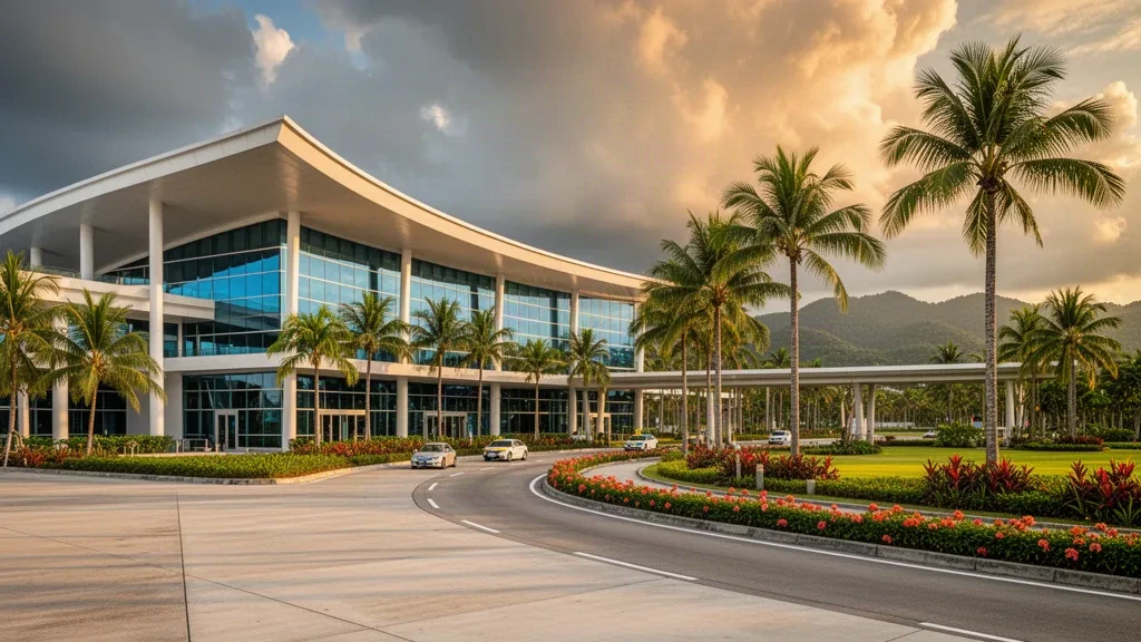 Terminal moderne en verre et voie de dépose bordée de palmiers à l'aéroport Sultan Ahmad Shah à Kuantan, en Malaisie, sous une chaude lumière dorée