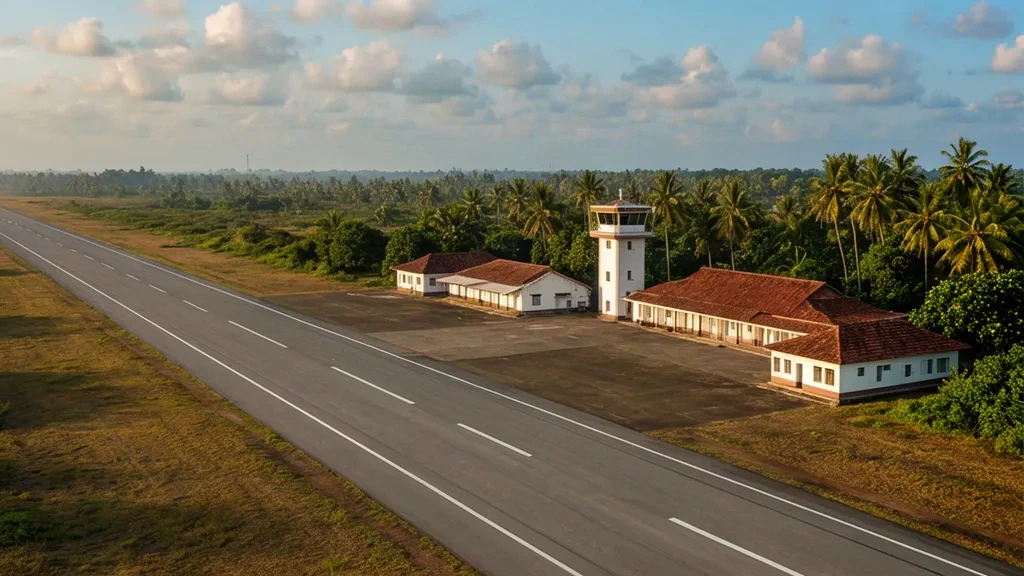 Tropical airfield at Katukurunda Air Force Base in Sri Lanka, with asphalt runway, control tower, hangars and palm trees in warm afternoon light