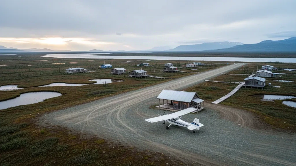 Schotterpiste, kleines Buschflugzeug und Holzhütte am abgelegenen Flughafen Kasigluk im Yukon-Kuskokwim-Delta in Alaska