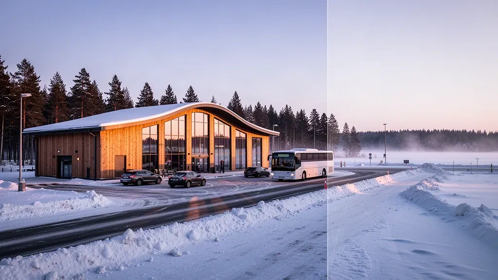 Snowy winter forecourt and modern timber-and-glass terminal exterior at Kuopio Airport in Finland under golden-hour light