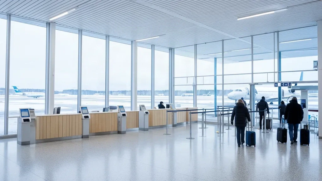 Bright terminal interior at Kuopio Airport in Finland with a wooden check-in area and snowy apron seen through tall glass walls