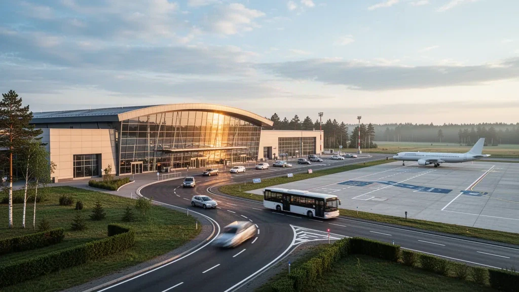 Moderne Glasfassade des Terminals am Flughafen Kaunas in Litauen, mit Zufahrtsstraßen, Bringspur und einem Flugzeug auf dem Vorfeld zur goldenen Stunde