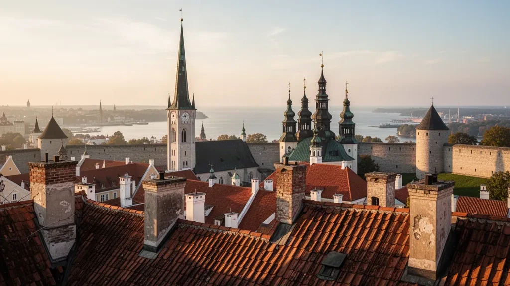 Tallinn Old Town skyline in Estonia with medieval red rooftops, Gothic church spires and historic city walls in golden Baltic light