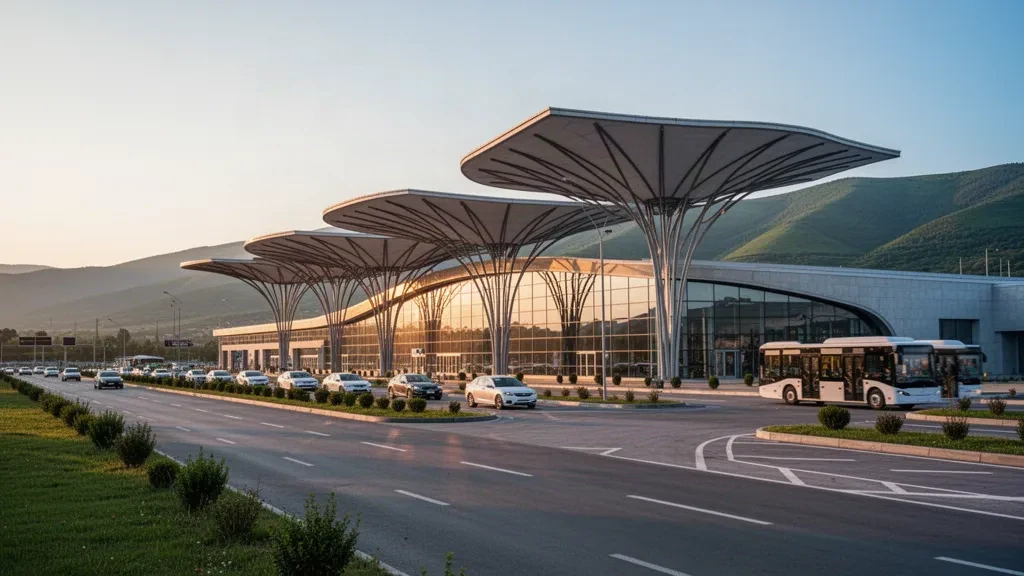 Modern glass terminal and umbrella canopy roof at David the Builder Kutaisi International Airport at golden hour, Georgia