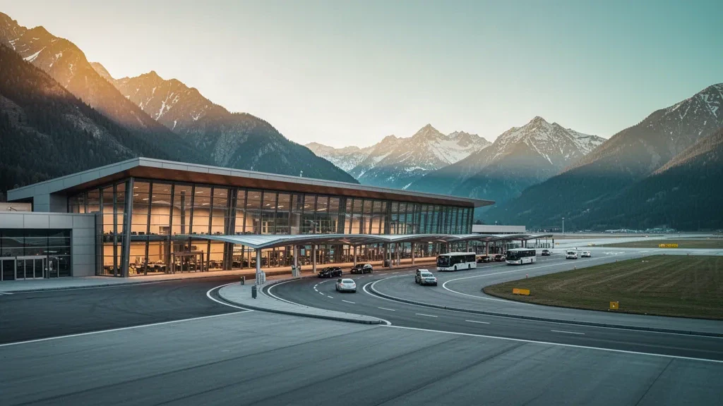 Modernes Flughafenterminal aus Glas mit geschwungener Vorfahrtspur und Bergkulisse zur goldenen Stunde, breite Hero-Ansicht für die Reiseplanung