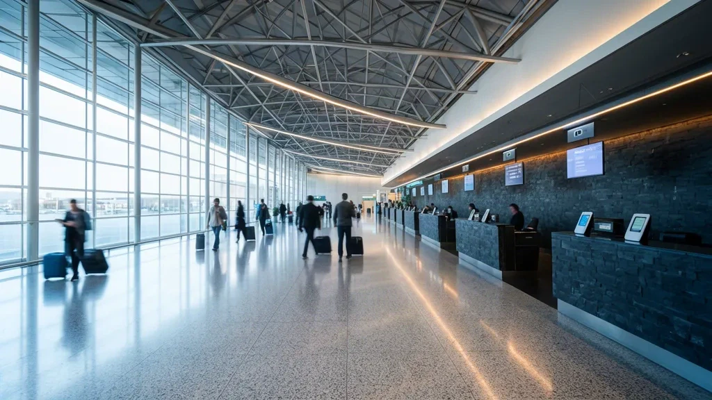 Modernes Terminalinterieur am Flughafen Razer (KUR) mit Check-in-Schaltern, Glasfassade und Reisenden in der Abflughalle