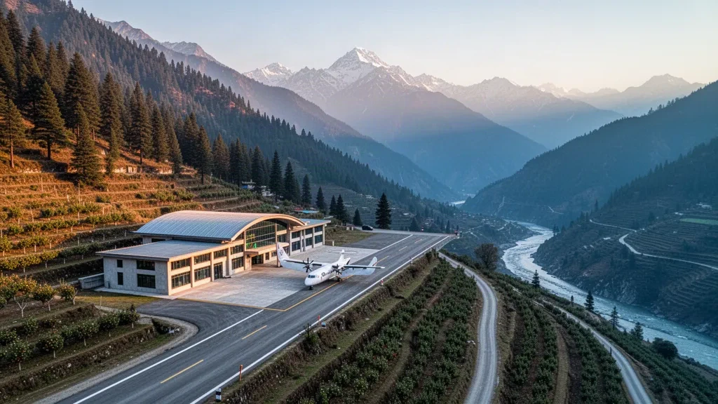Terminal de faible hauteur et courte piste de l'aéroport de Kullu Manali à Bhuntar, encadrés par des pentes de pins himalayennes, une vallée fluviale et une lumière d'heure dorée.
