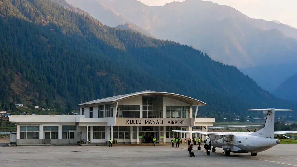 Bâtiment terminal de faible hauteur de l'aéroport de Kullu Manali à Bhuntar, Himachal Pradesh, encadré par des contreforts himalayens boisés