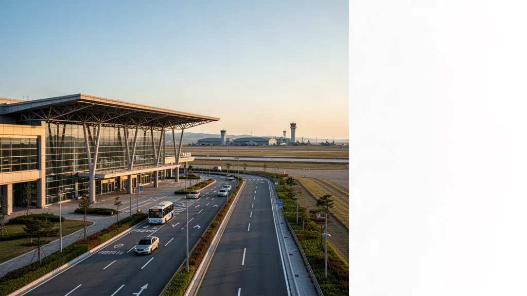 Moderne Glasfassade des Terminals am Flughafen Gunsan in Südkorea während der goldenen Stunde, mit Zufahrtsstraßen und offenem Himmel.