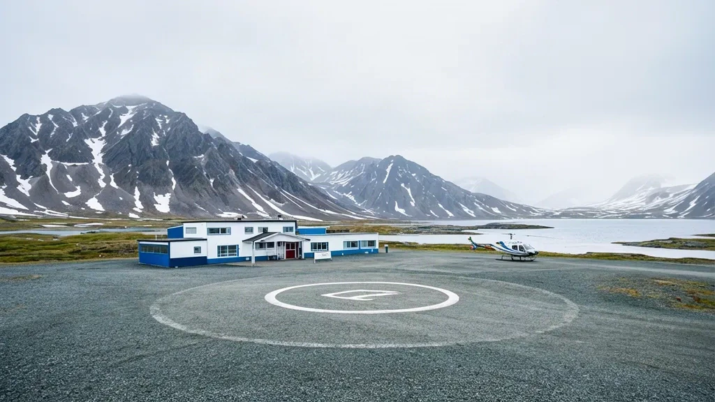 Vista exterior del helipuerto de Kuummiut KUZ en Groenlandia con helipuerto, pequeño edificio de servicio y las montañas árticas de los alrededores.