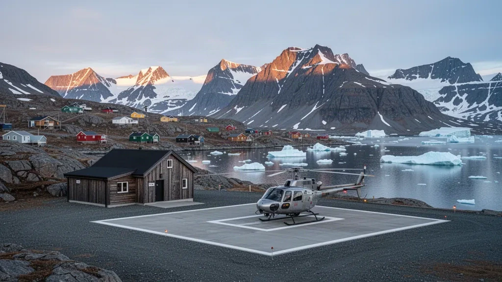 Aire d'atterrissage d'un héliport isolé de l'Arctique et petit terminal surplombant le fjord glacé et les montagnes de Kuummiut, au Groenland