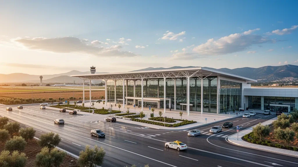 Yunanistan'daki Kavala Büyük İskender Uluslararası Havalimanı'nda gün batımı saatlerinde modern terminal binasının dış cephesi ve yolcu indirme alanı