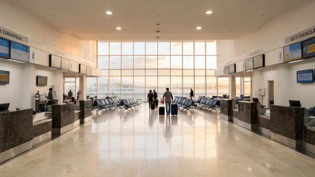 Kuzey Yunanistan'daki Kavala Büyük İskender Uluslararası Havalimanı'nda check-in kontuarları ve gün ışığıyla aydınlanan ferah kalkış salonu iç mekânı.