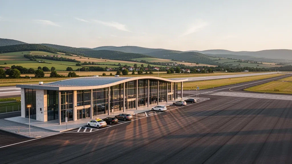 Terminal moderno in vetro e corsia di sosta per la discesa passeggeri all'Aeroporto di Morava vicino a Kraljevo, Serbia, fotografati durante l'ora d'oro