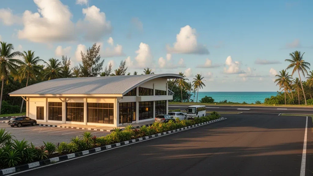 Tropical terminal and runway at Dewadaru Airport on Karimunjawa Island, framed by palms under golden late-afternoon light
