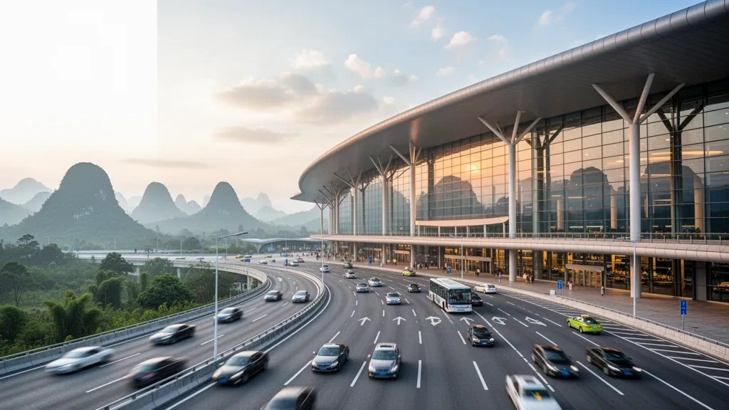 Modern glass terminal and curved roof at Guiyang Longdongbao International Airport, with karst hills and curbside roadway in warm evening light