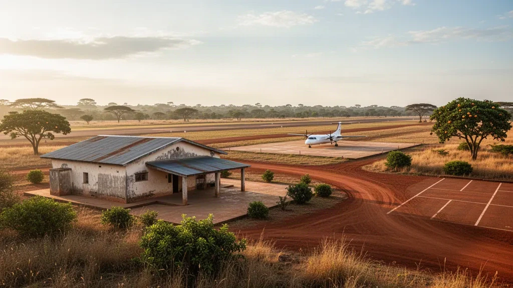 Vue panoramique à l'heure dorée de la piste rurale de l'aéroport de Kavadja dans la savane centrafricaine, avec un petit terminal, une aire de stationnement et des avions stationnés.