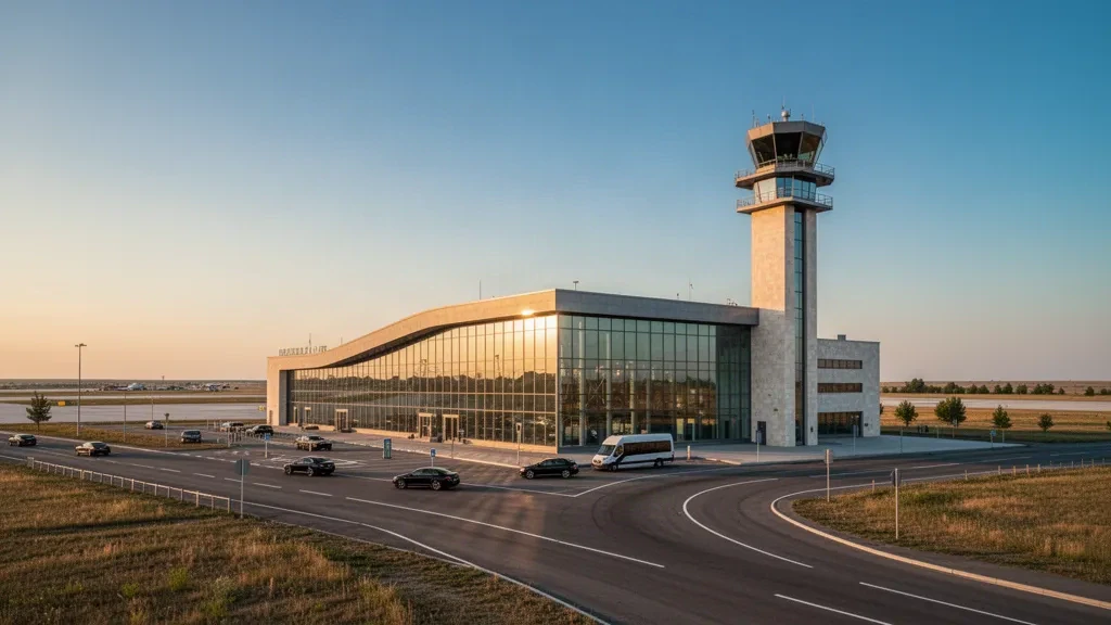 Terminal moderna de cristal y plataforma en el Aeropuerto Internacional de Kryvyi Rih en Ucrania bajo una cálida luz de hora dorada