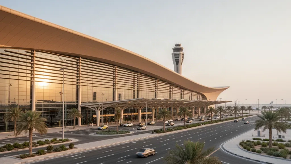 Moderne geschwungene Terminalfassade und Bringspuren am Kuwait International Airport zur goldenen Stunde