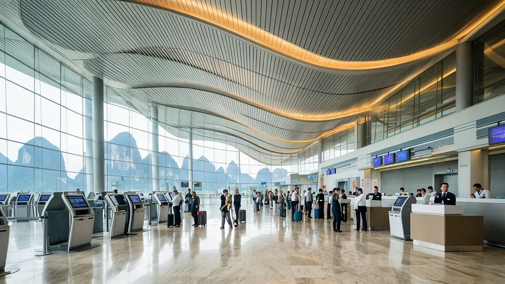 Viaggiatori nella luminosa sala partenze del Terminal 2 dell'aeroporto internazionale di Guilin Liangjiang sotto il suo ampio tetto curvo