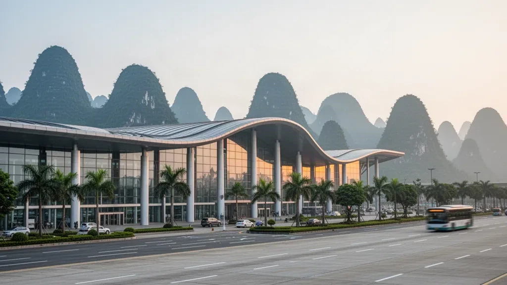 Guilin Liangjiang Uluslararası Havalimanı'ndaki modern cam terminal, arkasında yeşil karst tepeleri ve subtropikal pus