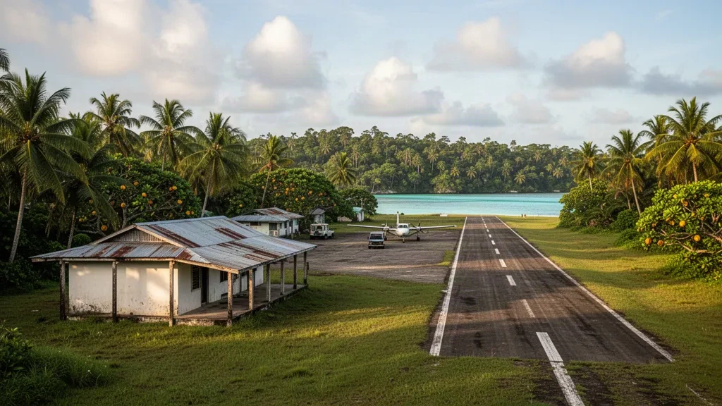 Piccola pista tropicale e terminal all'aperto dell'aeroporto di Kwailabesi su Malaita, Isole Salomone, circondati da palme e una laguna turchese