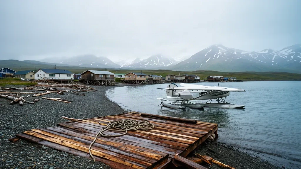 Hidroavión amarrado en el muelle de madera de la base de hidroaviones de West Point Village en Alaska, con casas del pueblo y montañas brumosas a lo largo de la orilla de la laguna.