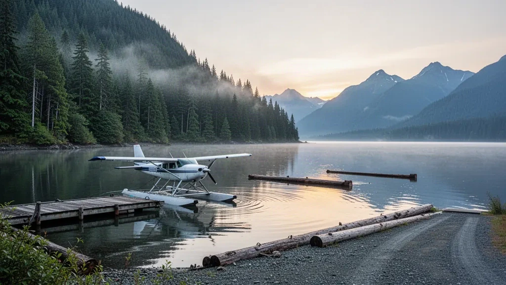 Floatplane moored on calm water beside a wooded dock at Kasaan Seaplane Base in Southeast Alaska