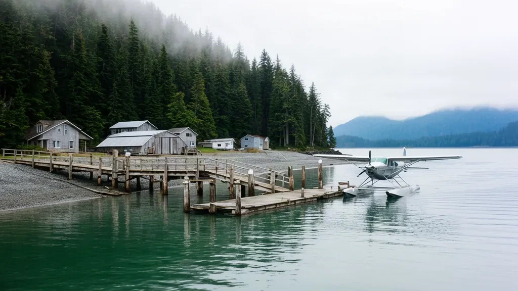 Hydravion à flotteurs amarré au quai en bois de l'aérogare d'hydravions de Kasaan, sur Kasaan Bay, île du Prince-de-Galles, Alaska