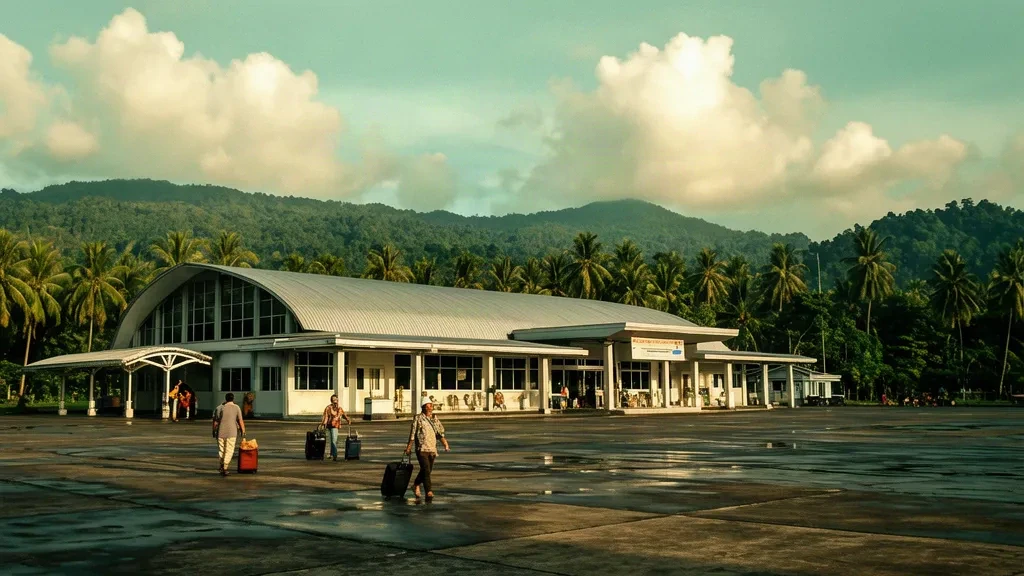 Travelers outside the modern terminal of Sangia Nibandera Airport KXB in Kolaka, Southeast Sulawesi, with palms and green hills behind