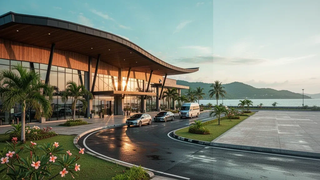 Modernes Terminal und von Palmen gesäumte Vorfahrtspur am Flughafen Sangia Nibandera in Kolaka, Südostsulawesi, Indonesien