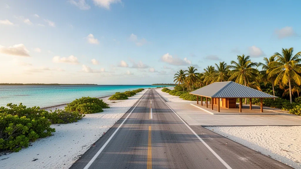 Wide view of Katiu Airport in French Polynesia with a tropical runway, turquoise lagoon and palm trees at golden hour.