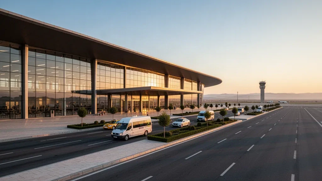 Modern glass terminal exterior and arrival lanes at Konya Airport in Turkey bathed in warm golden-hour light