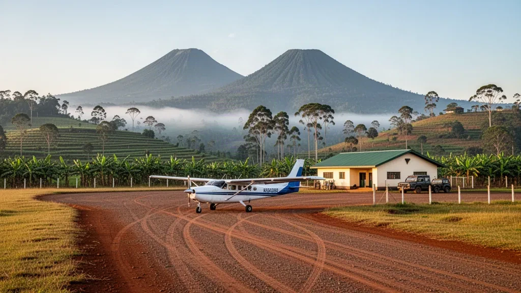 Pequeña aeronave turbohélice en la pista de grava del Aeropuerto de Kisoro, en Uganda, con los volcanes Virunga elevándose al fondo
