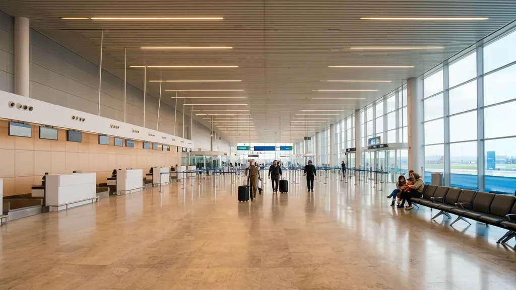 Interior luminoso de la terminal del aeropuerto de Konya en Turquía, que muestra la zona de facturación de la sala de salidas con viajeros y equipaje.