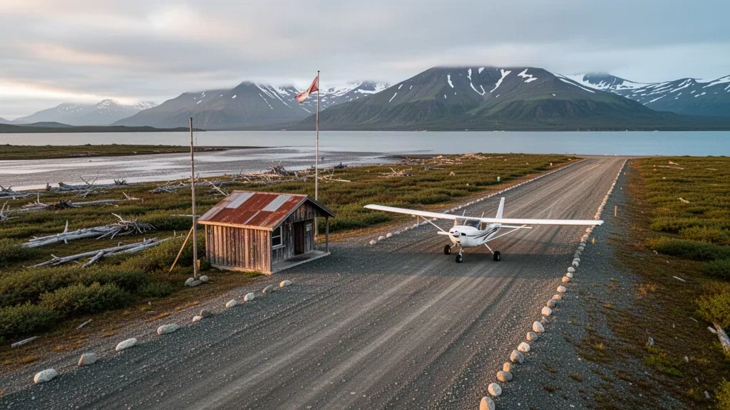 Remote gravel runway, windsock and small bush plane at Karluk Airport on Kodiak Island, Alaska, framed by coastal mountains and tundra.