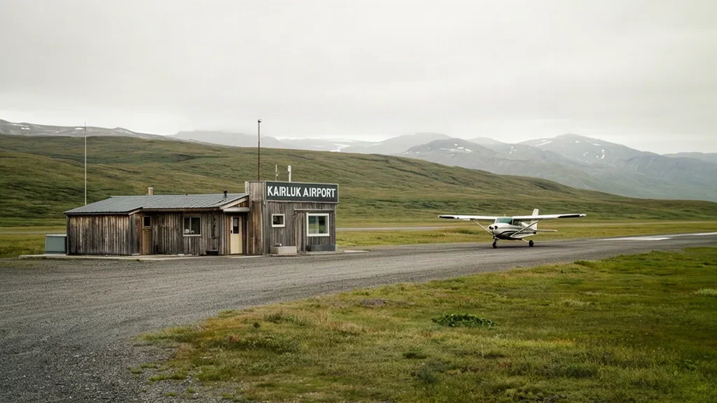 Vista exterior del pequeño edificio terminal del Aeropuerto de Karluk en Alaska, con una pista de grava y el paisaje de tundra circundante.