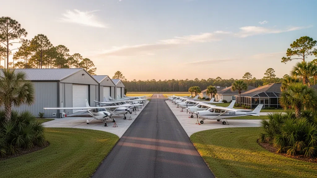 Kleiner General-Aviation-Flugplatz in Florida mit Hangars, Leichtflugzeugen und Palmen am Tampa North Aero Park Airport bei Lutz zur goldenen Stunde