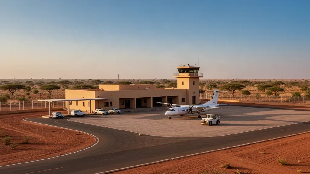 Pequeña terminal aeroportuaria regional y plataforma en Kayes, Malí, con sabana seca de acacias y cálida luz de hora dorada bajo un cielo despejado