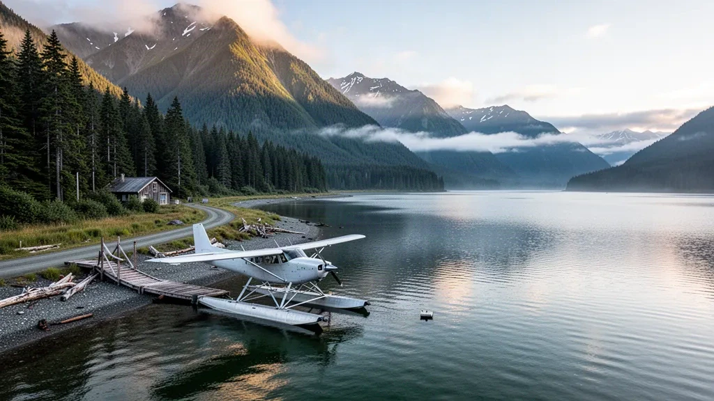 Floatplane moored at a wooden dock in Zachar Bay on Kodiak Island, Alaska, with misty forested mountains and calm morning water