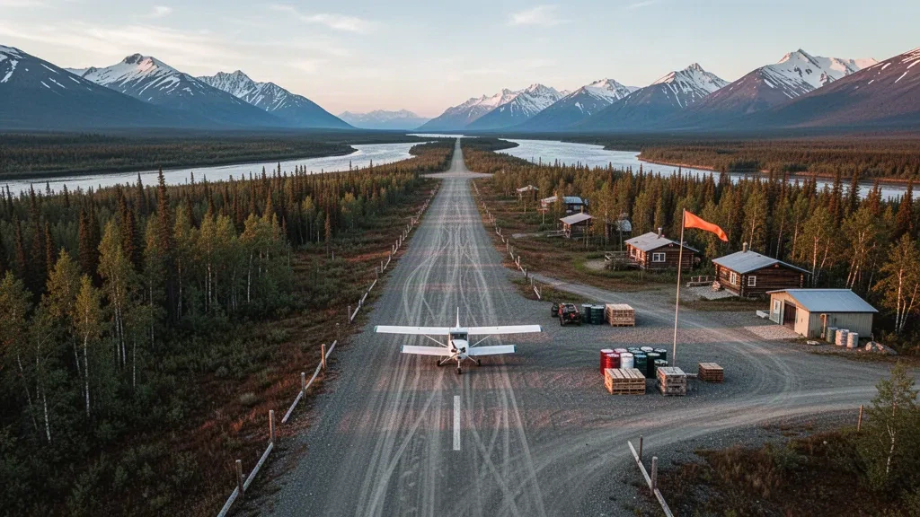 İç Alaska'nın uzak Koyukuk Havaalanı'nda altın rengi akşam ışığı altında çakıl pist, boş arazi uçağı ve ladin ormanı