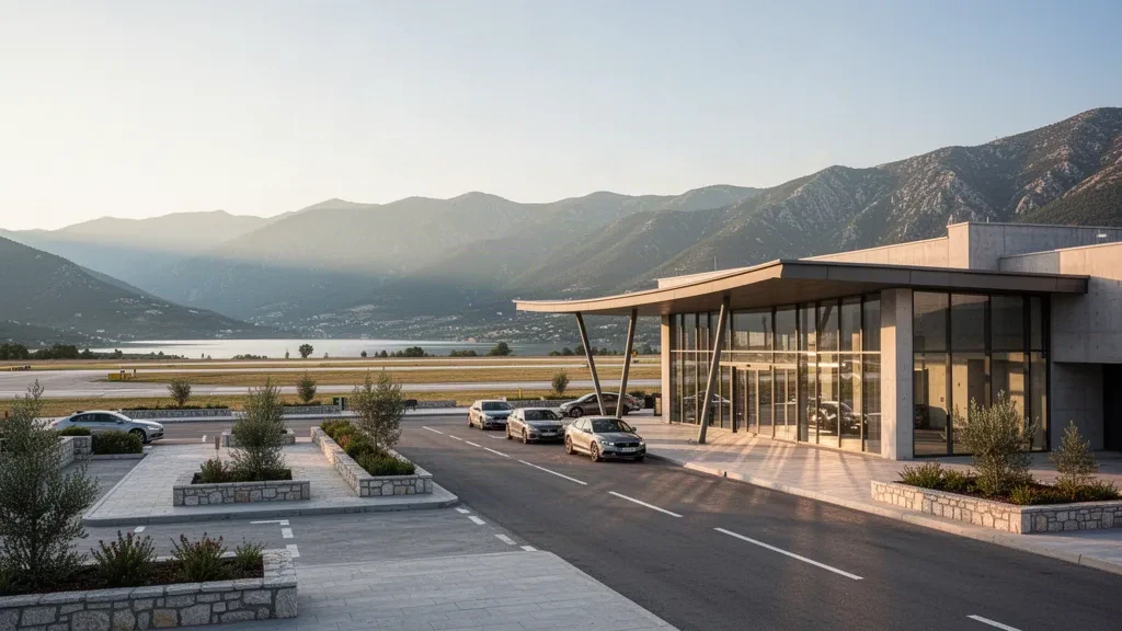 Modern glass terminal and drop-off lane at Kozani National Airport Filippos, framed by Western Macedonia mountains at golden hour