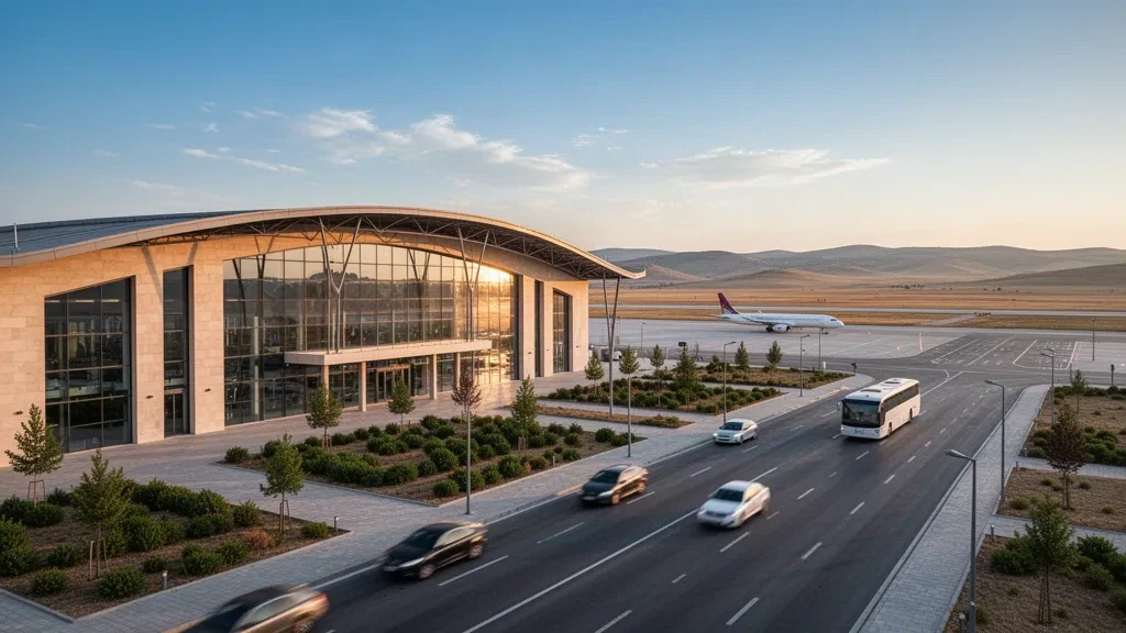 Modern glass terminal exterior at Zafer Airport in Kütahya, Turkey, with drop-off lanes and open sky at golden hour
