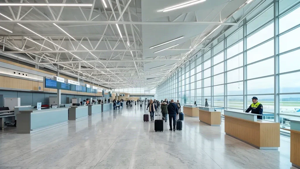 Bright modern terminal interior at Zafer Airport KZR near Kütahya, Turkey, with check-in counters, glass walls and travellers