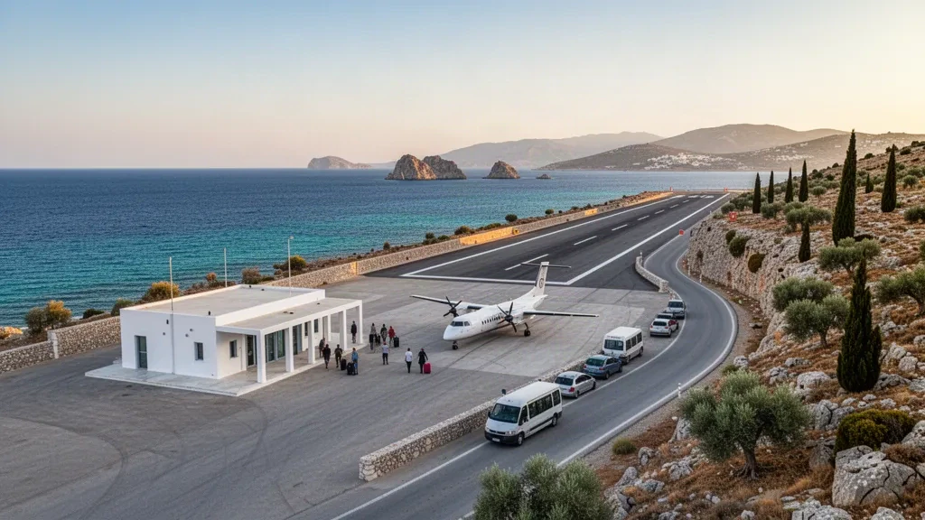 Small whitewashed terminal and short runway of Kastellorizo Island Airport (KZS) beside the blue Aegean Sea at golden hour