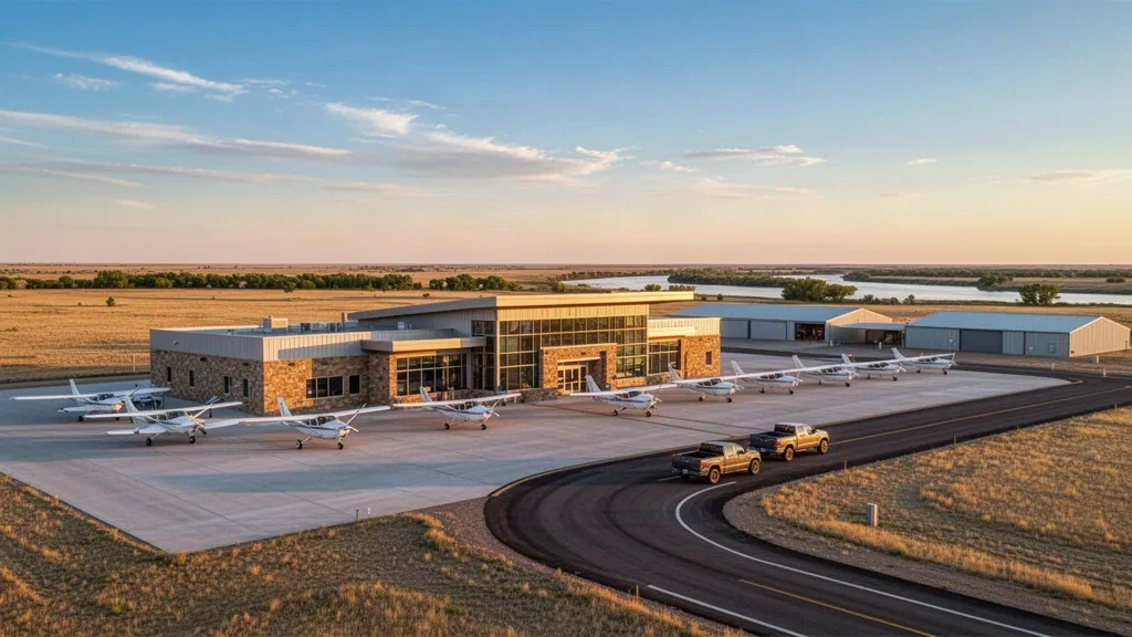 Pequeña terminal de aeropuerto regional y plataforma de aviación general en las altas llanuras de Colorado cerca de Lamar a la hora dorada